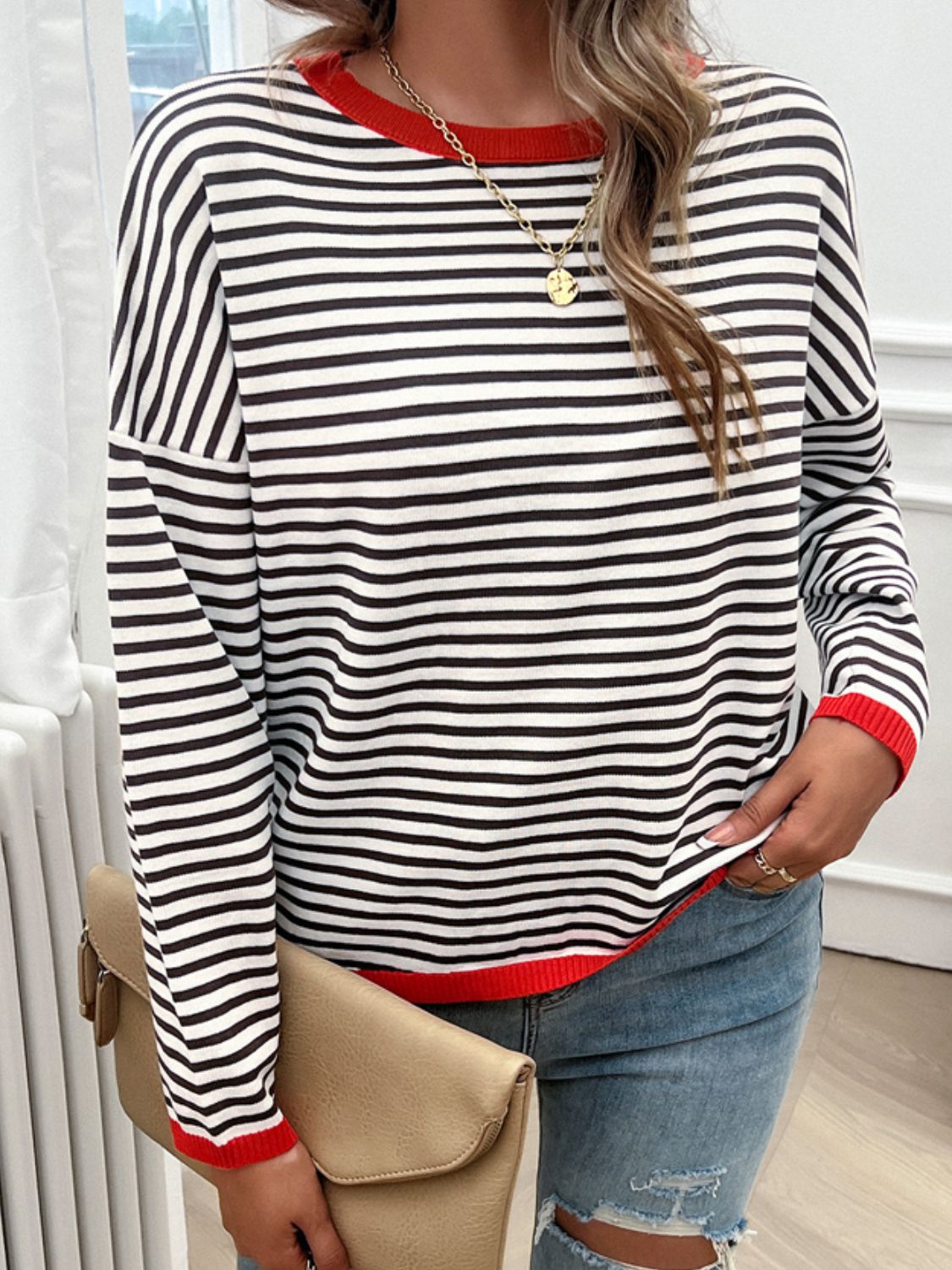 Striped Round Neck Dropped Shoulder Sweater - Charming Charlie