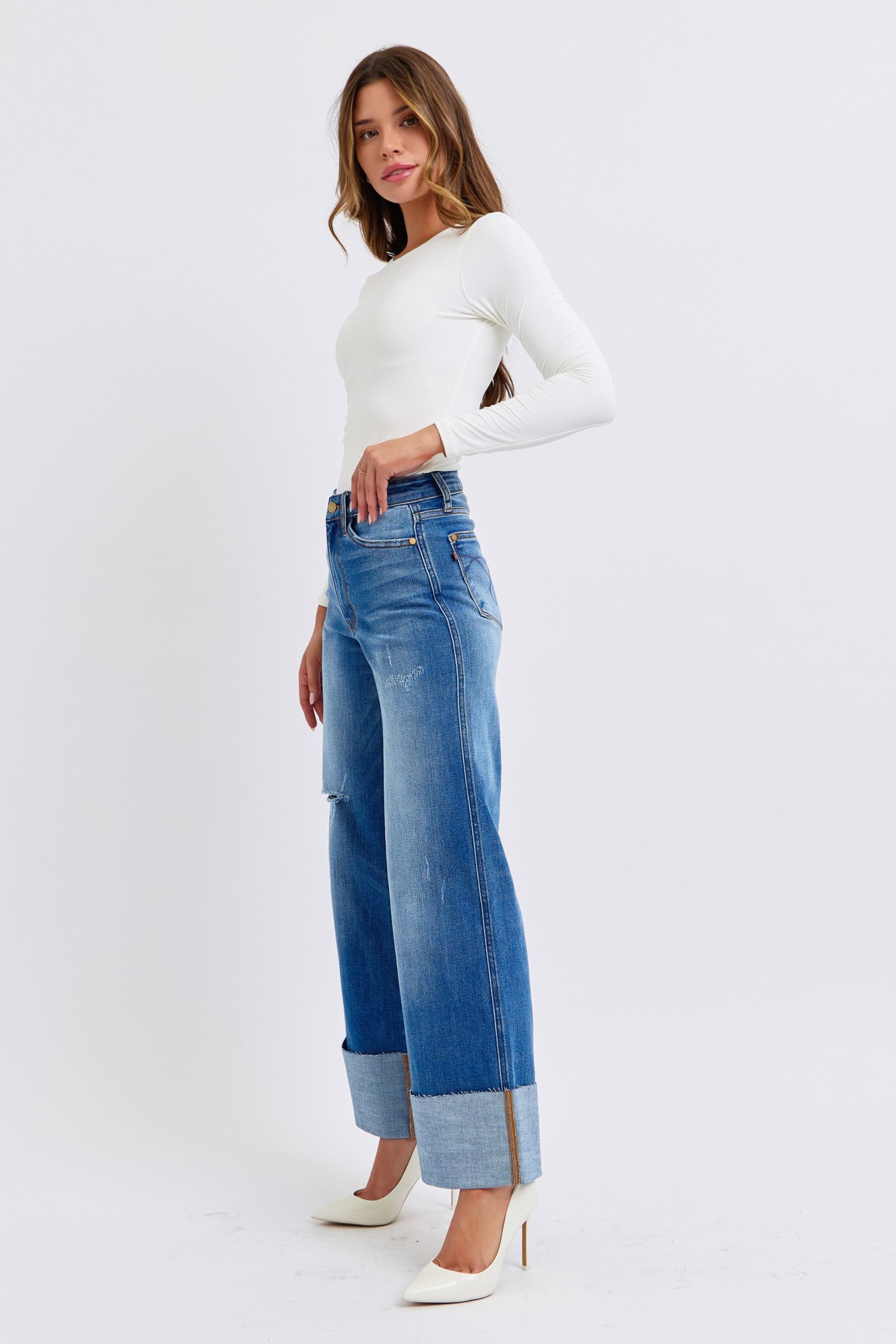 Judy Blue Full Size Distressed High Waist Wide Leg Jeans - Charming Charlie
