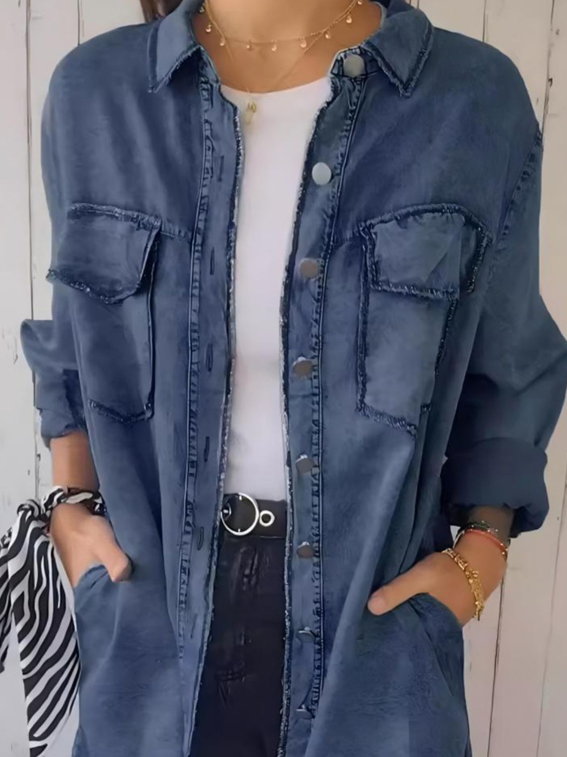 Full Size Raw Hem Button Up Long Sleeve Denim Top Plus Size - Charming Charlie