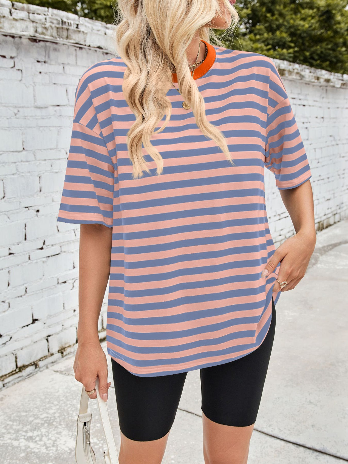 Lovelet Striped Round Neck Half Sleeve T-Shirt - Charming Charlie