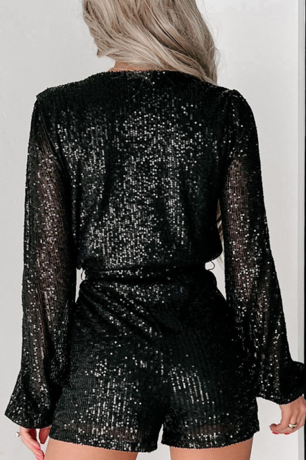 Sequin Surplice Long Sleeve Romper - Charming Charlie
