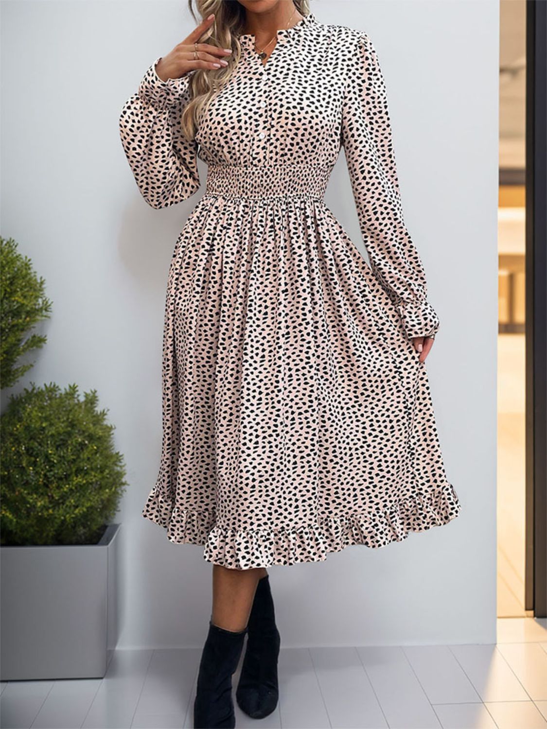 Ruched Ruffled Leopard Long Sleeve Dress - Charming Charlie