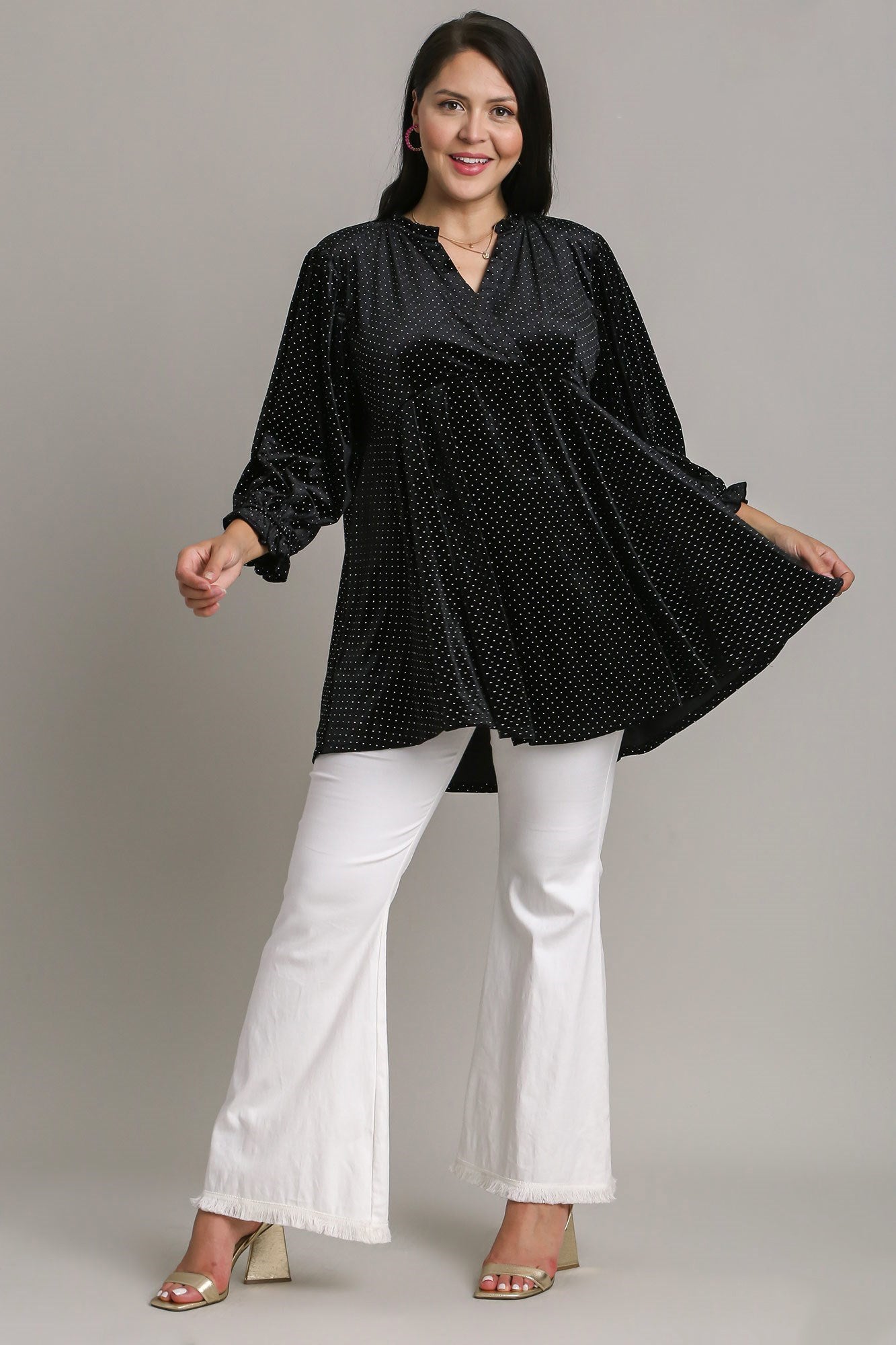 Umgee Full Size Beaded Frill Flounce Sleeve Velvet Babydoll Blouse - Charming Charlie