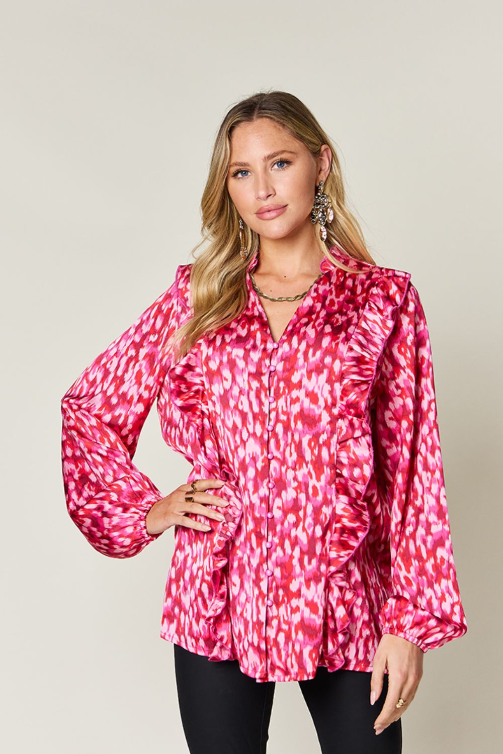 Double Take Full Size Printed Ruffle Trim Balloon Sleeve Shirt - Charming Charlie