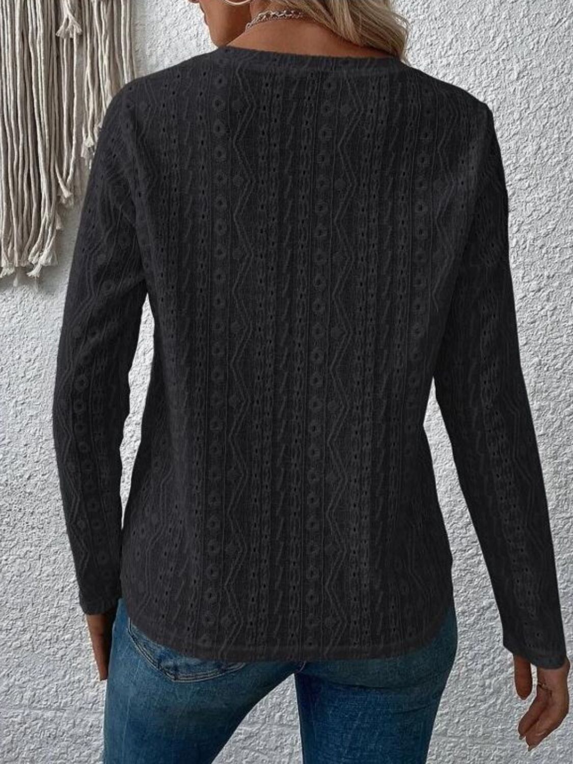 Eyelet Round Neck Long Sleeve Blouse - Charming Charlie