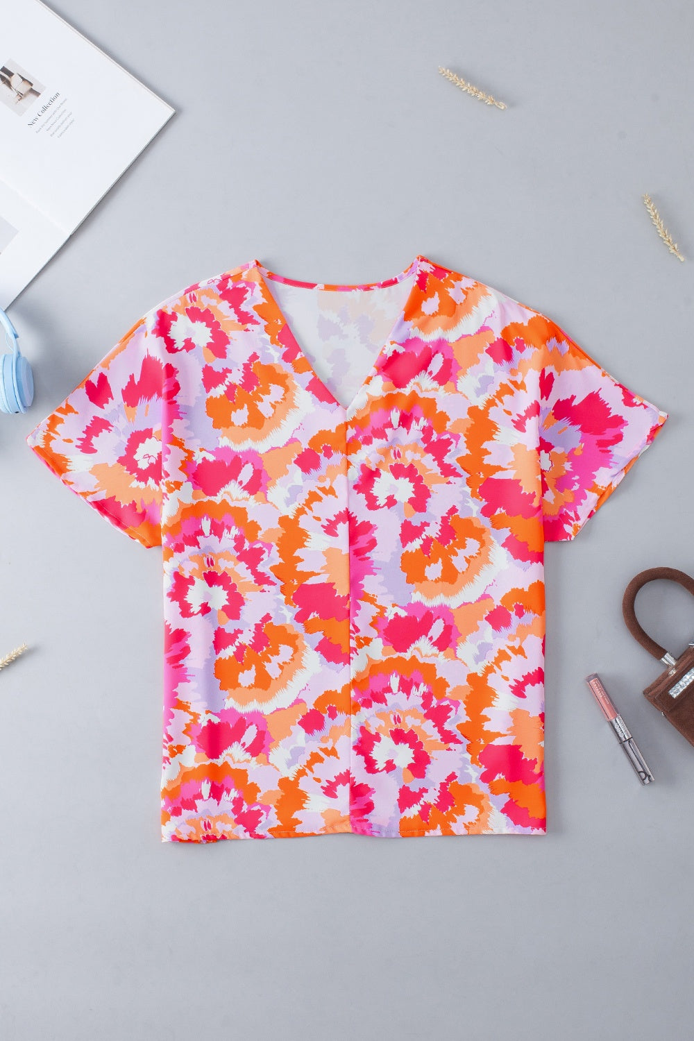 Printed V-Neck Short Sleeve Blouse - Charming Charlie