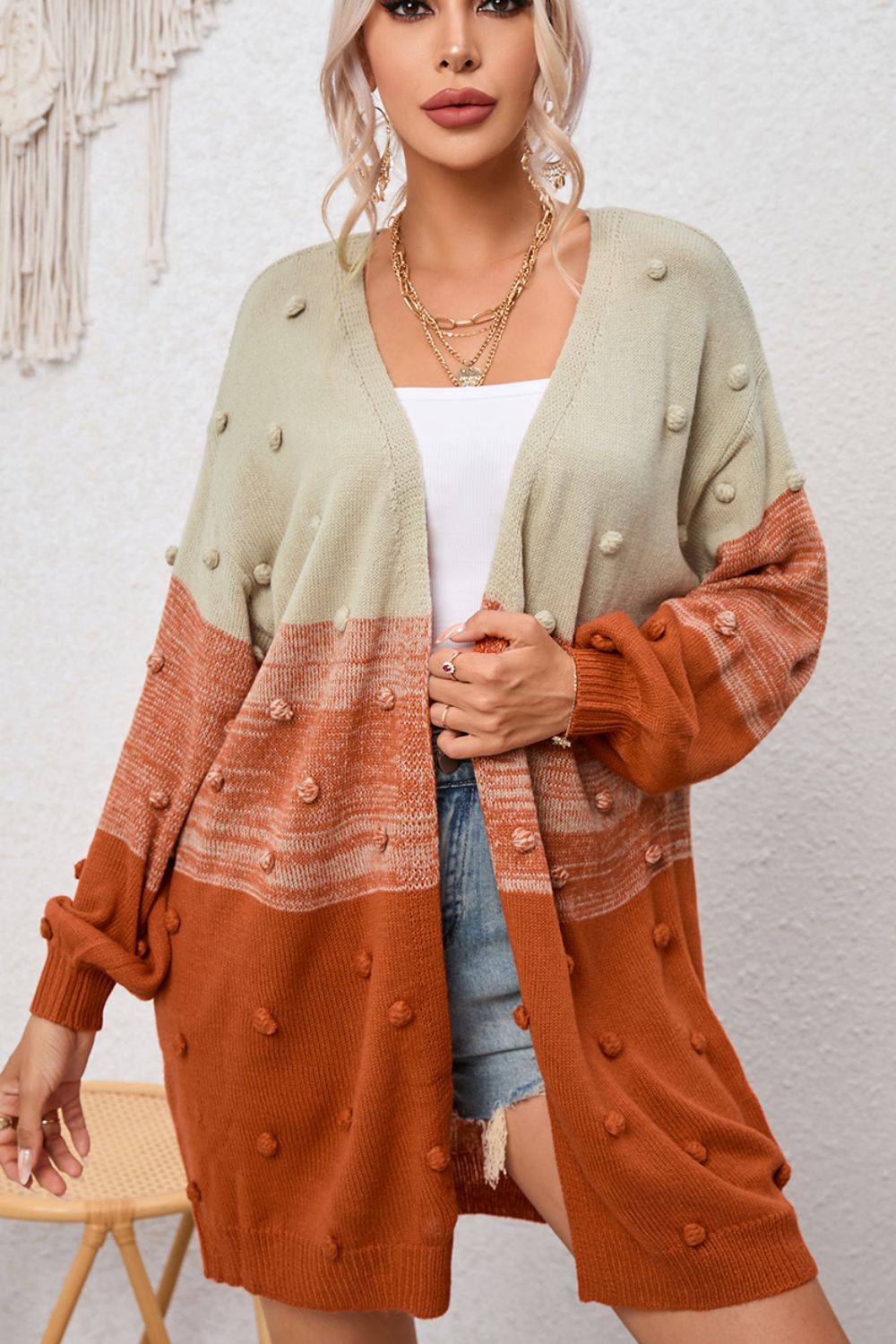 Pompom Color Block Open Front Cardigan - Charming Charlie