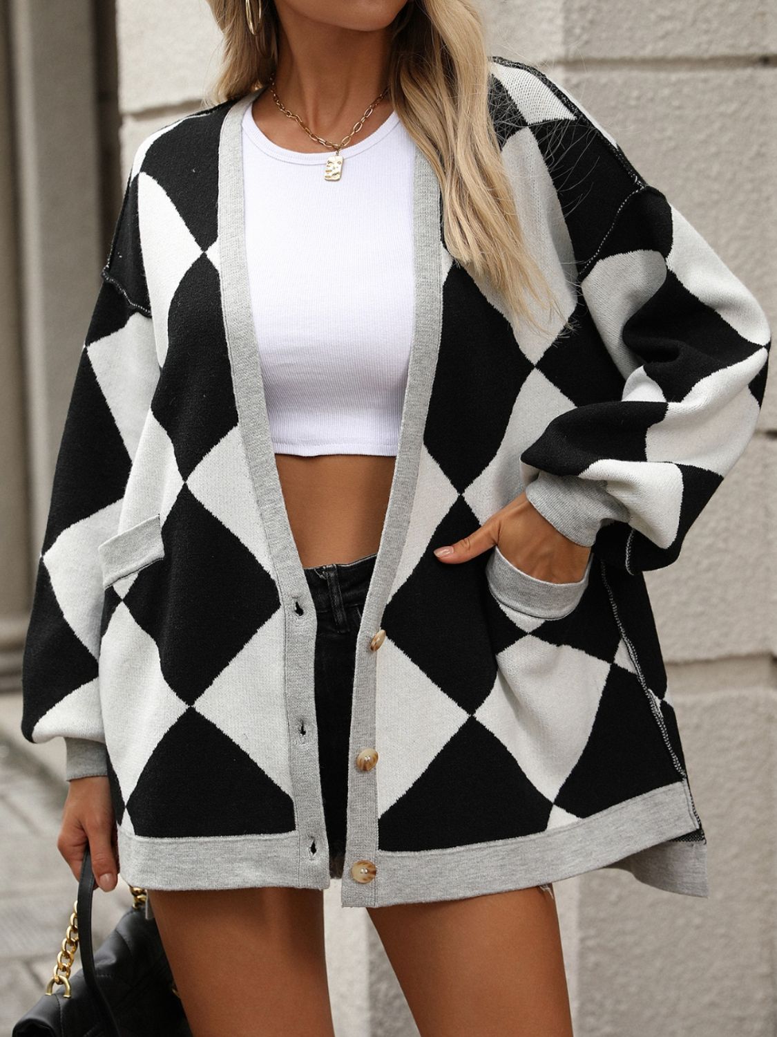 Checkered Dropped Shoulder Long Sleeve Cardigan - Charming Charlie