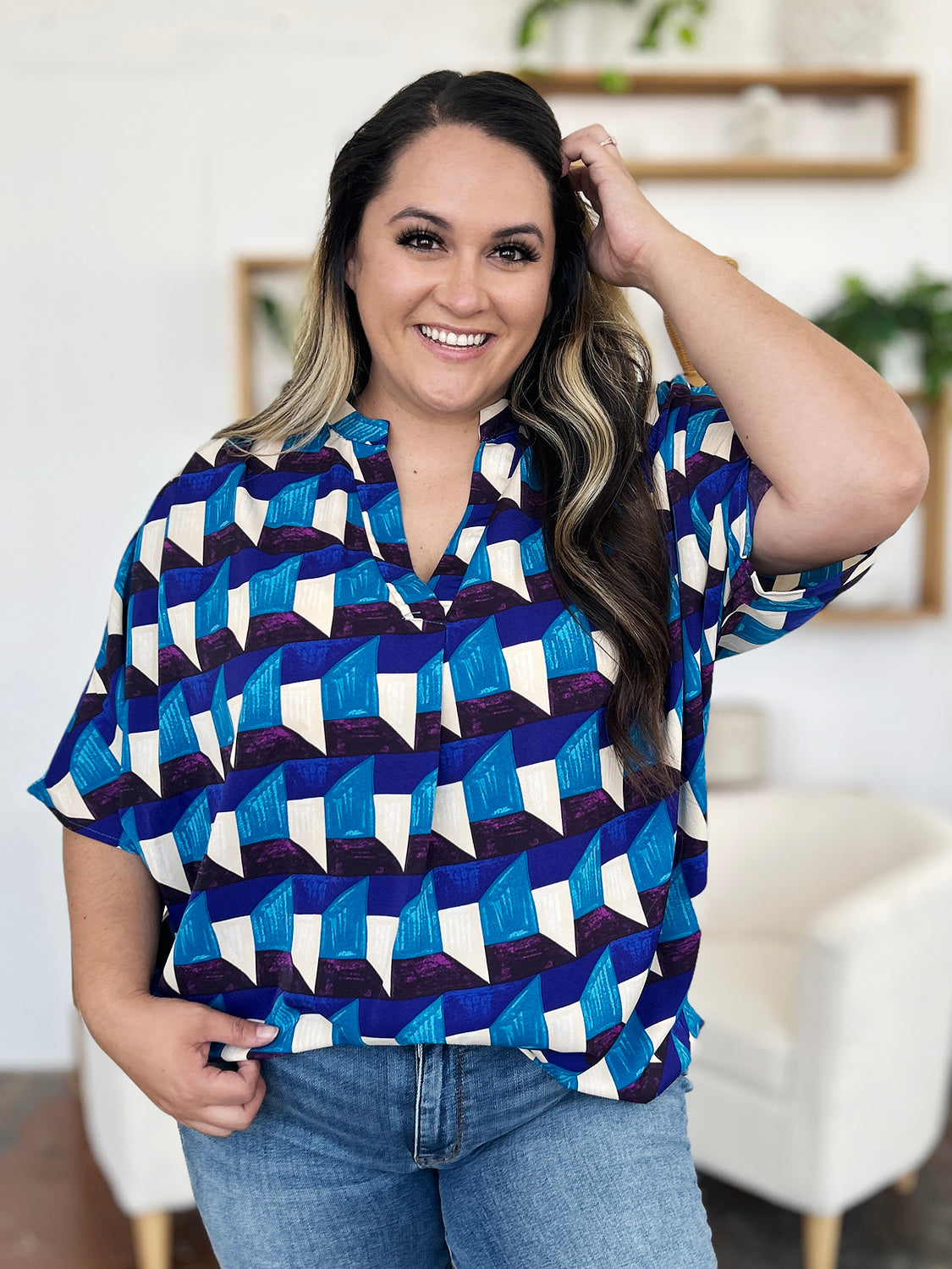 Double Take Full Size Geometric Notched Half Sleeve Blouse - Charming Charlie