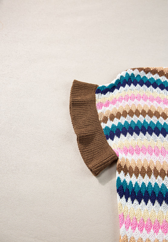 Contrast Round Neck Short Sleeve Sweater - Charming Charlie