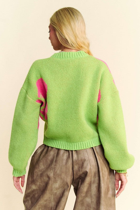 Davi & Dani Flower Contrast Round Neck Long Sleeve Cardigan - Charming Charlie