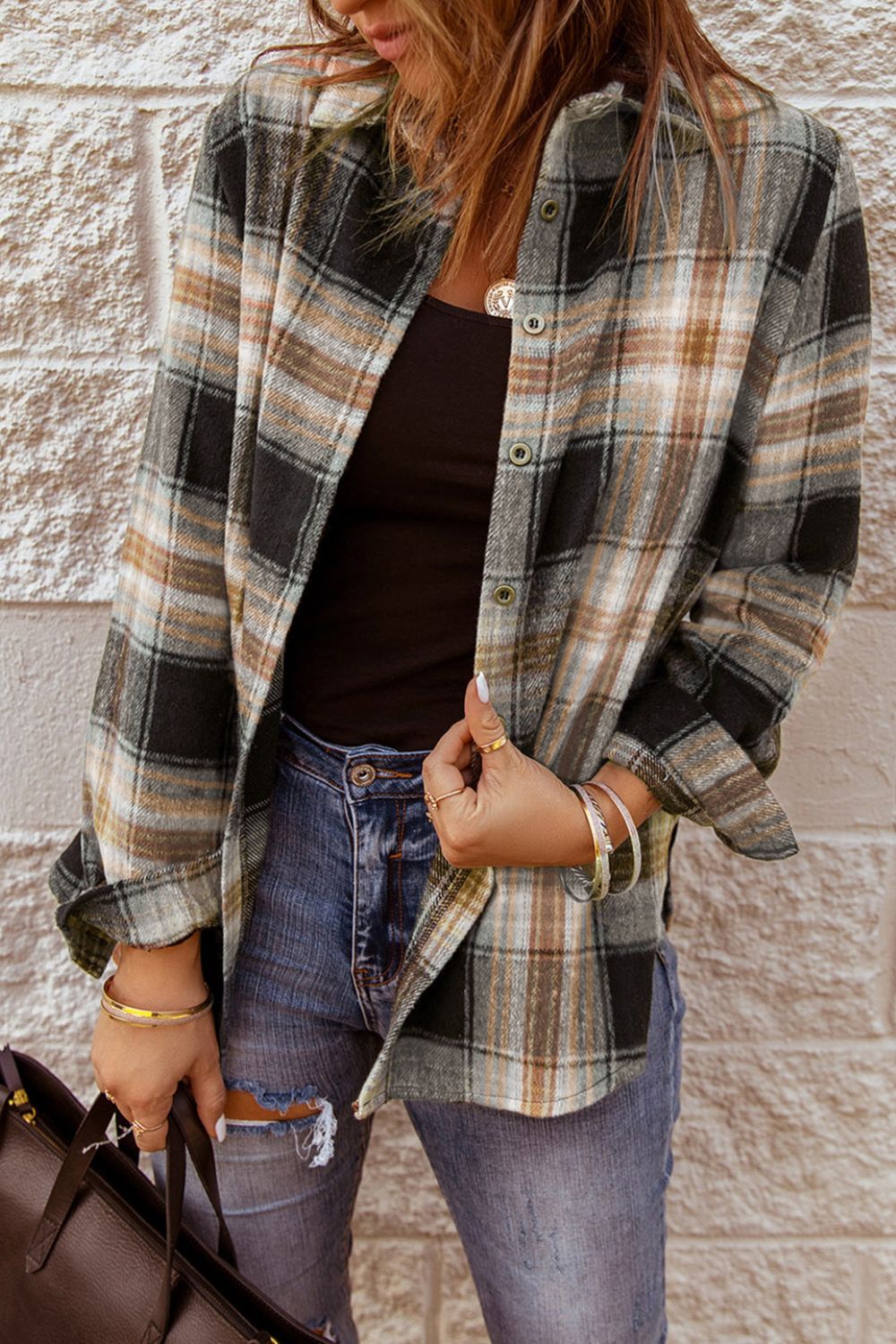 Plaid Collared Neck Button Up Long Sleeve Shirt - Charming Charlie