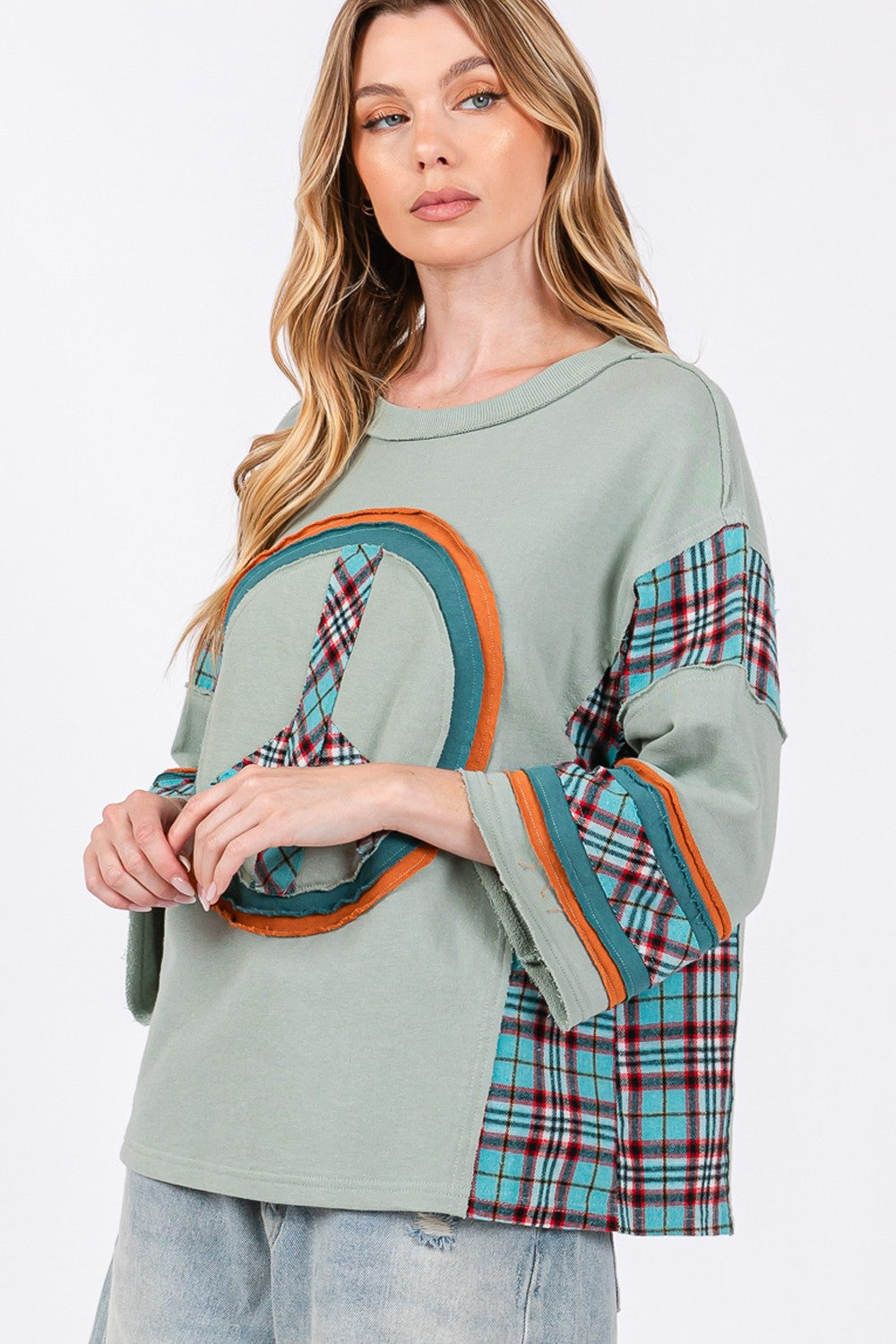 SAGE + FIG Peace Applique Patch Contrast Plaid Top - Charming Charlie