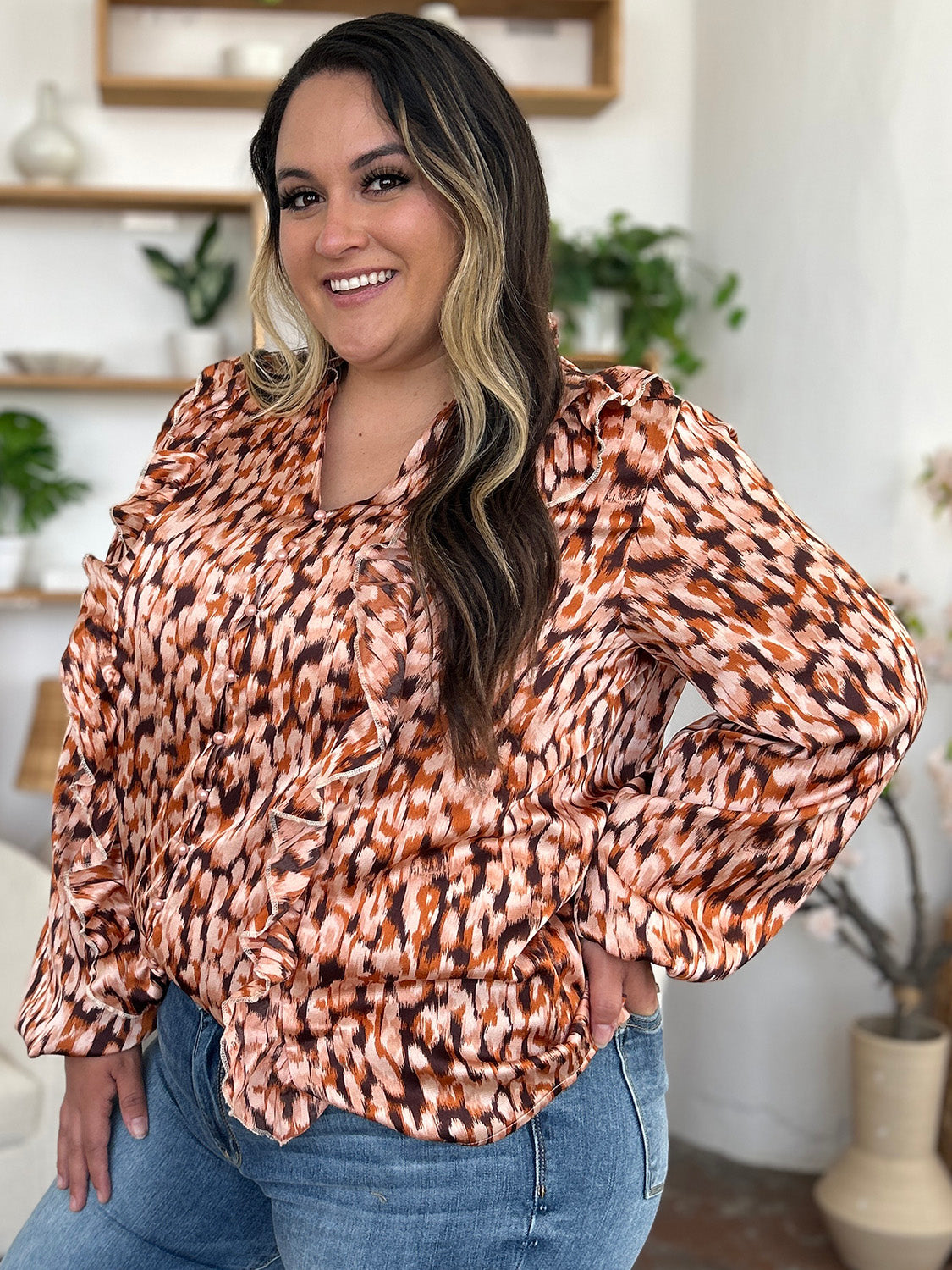Double Take Full Size Printed Ruffle Trim Balloon Sleeve Shirt - Charming Charlie