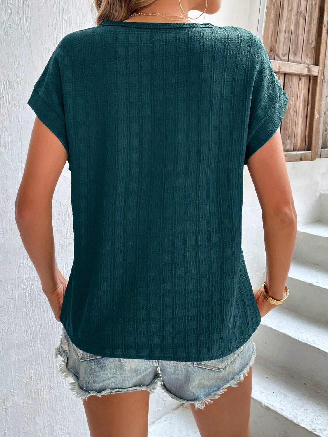 Textured Round Neck Short Sleeve Top - Charming Charlie
