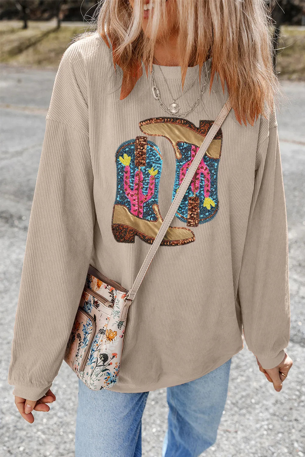 Full Size Sequin Boots Round Neck Long Sleeve Sweatshirt - Charming Charlie