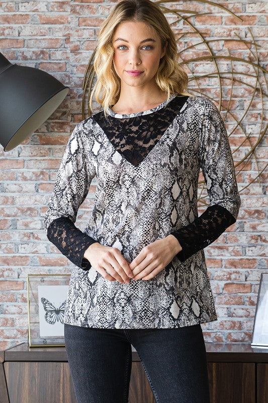 Heimish Full Size Snakeskin Print Round Neck Lace Contrast Top - Charming Charlie