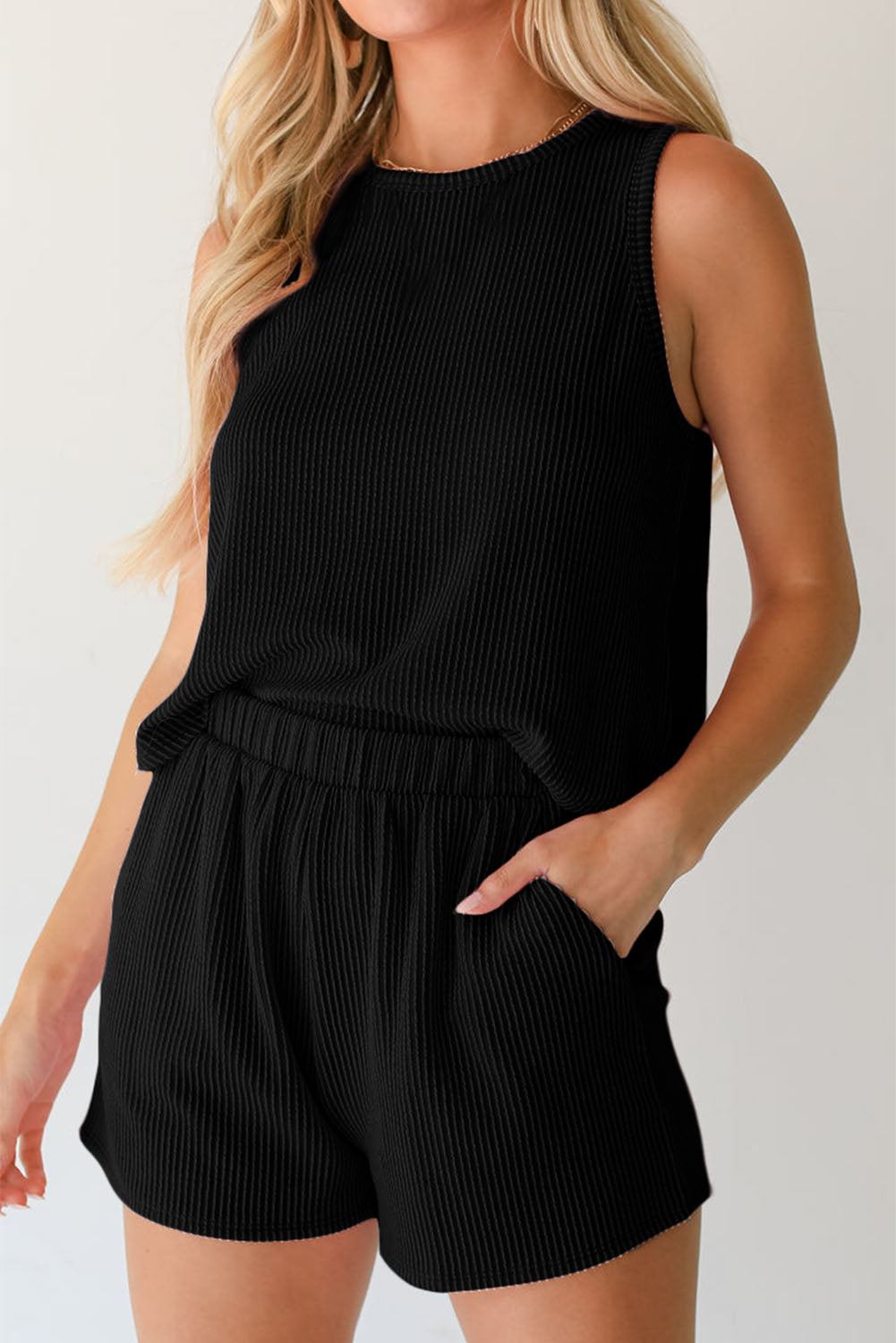 Round Neck Sleeveless Top and Shorts Set - Charming Charlie