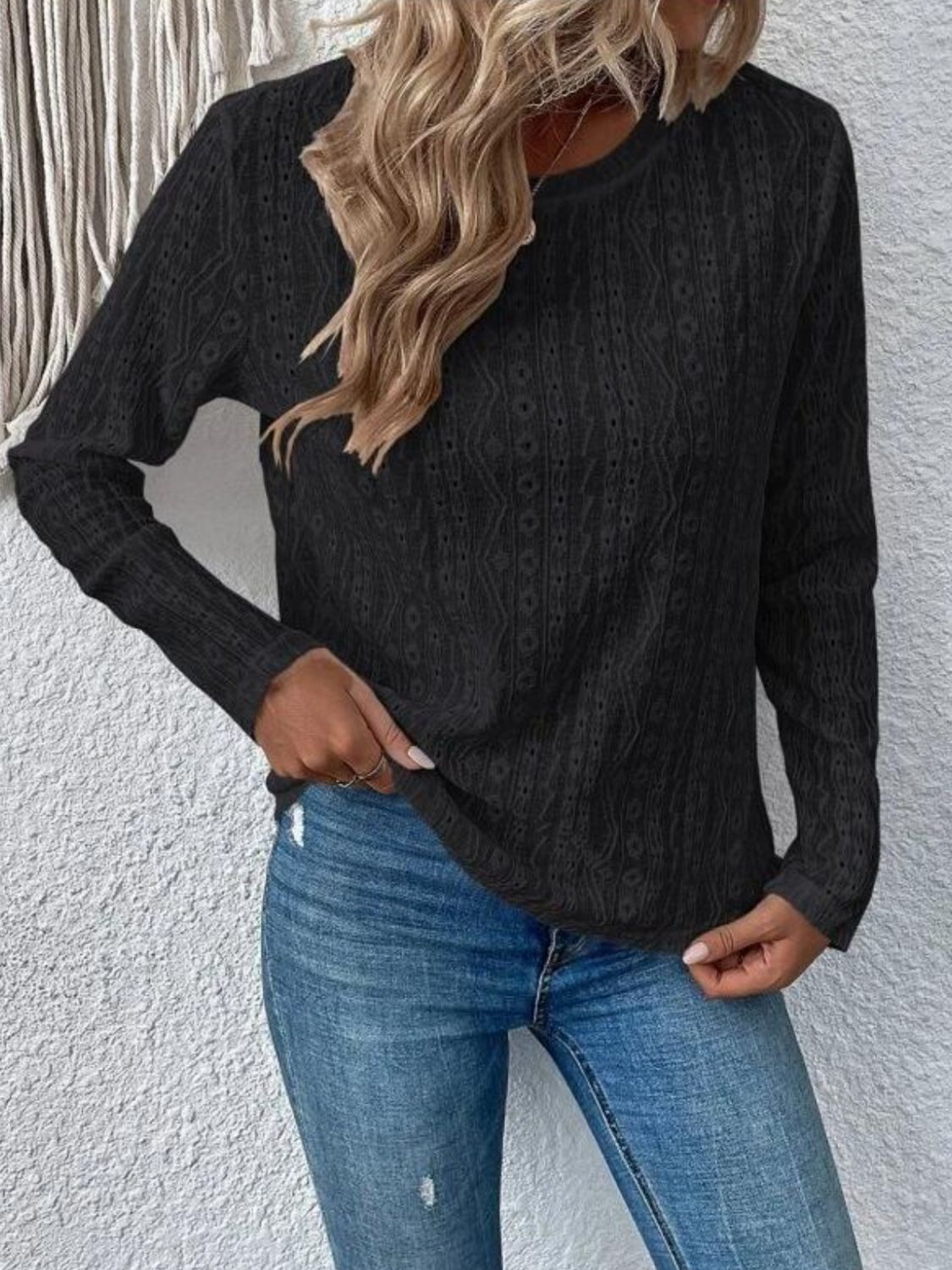 Eyelet Round Neck Long Sleeve Blouse - Charming Charlie