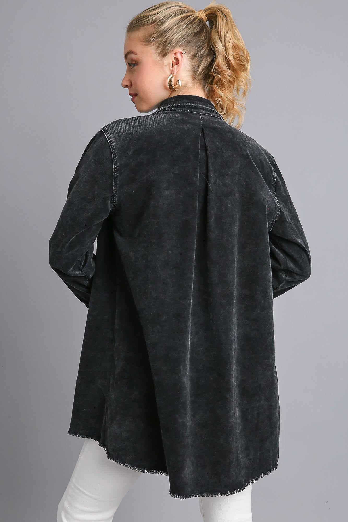 Umgee Raw Hem Button Down Denim Jacket with Chest Pockets - Charming Charlie