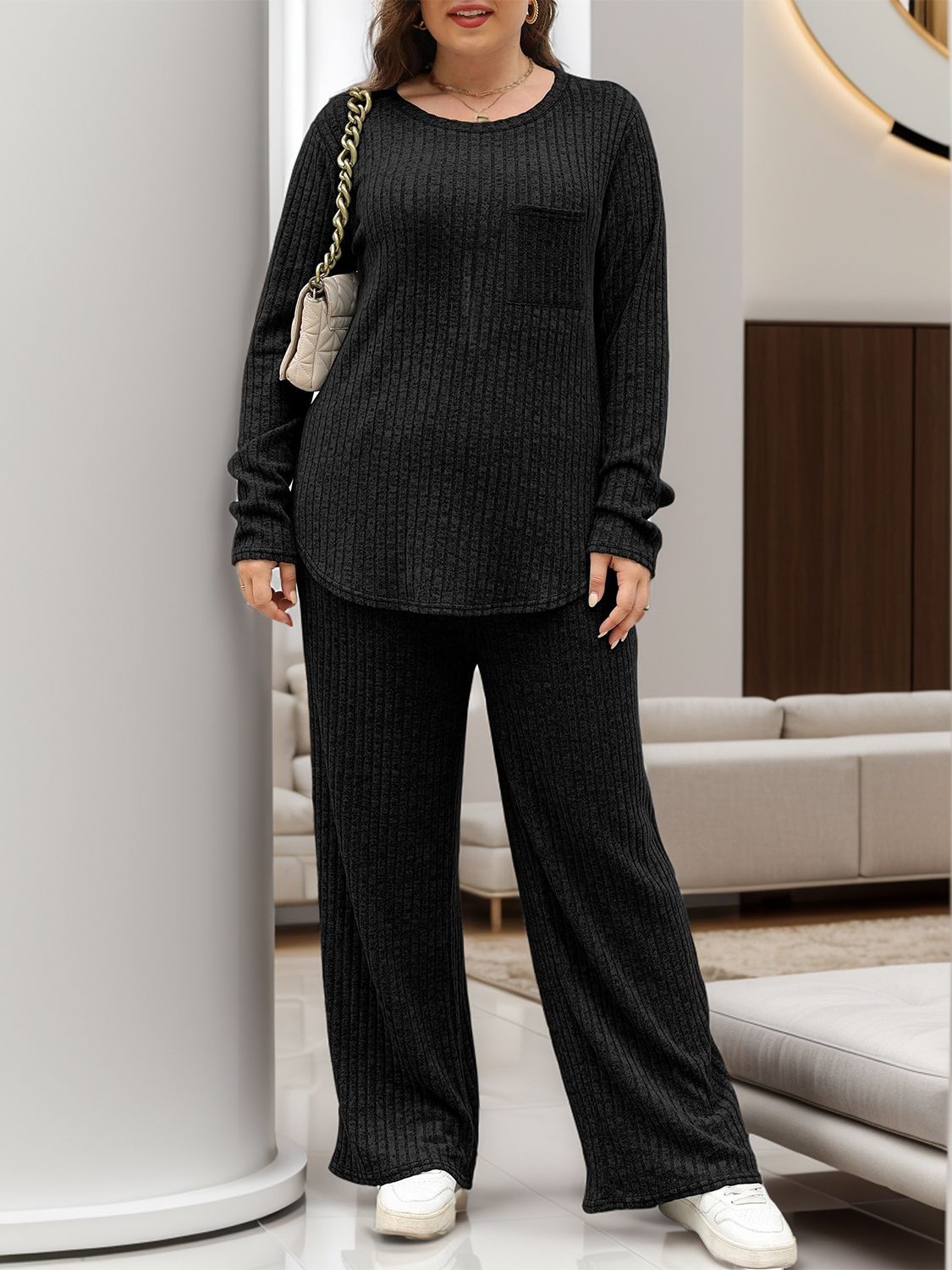 Round Neck Long Sleeve Top and Pants Set - Charming Charlie