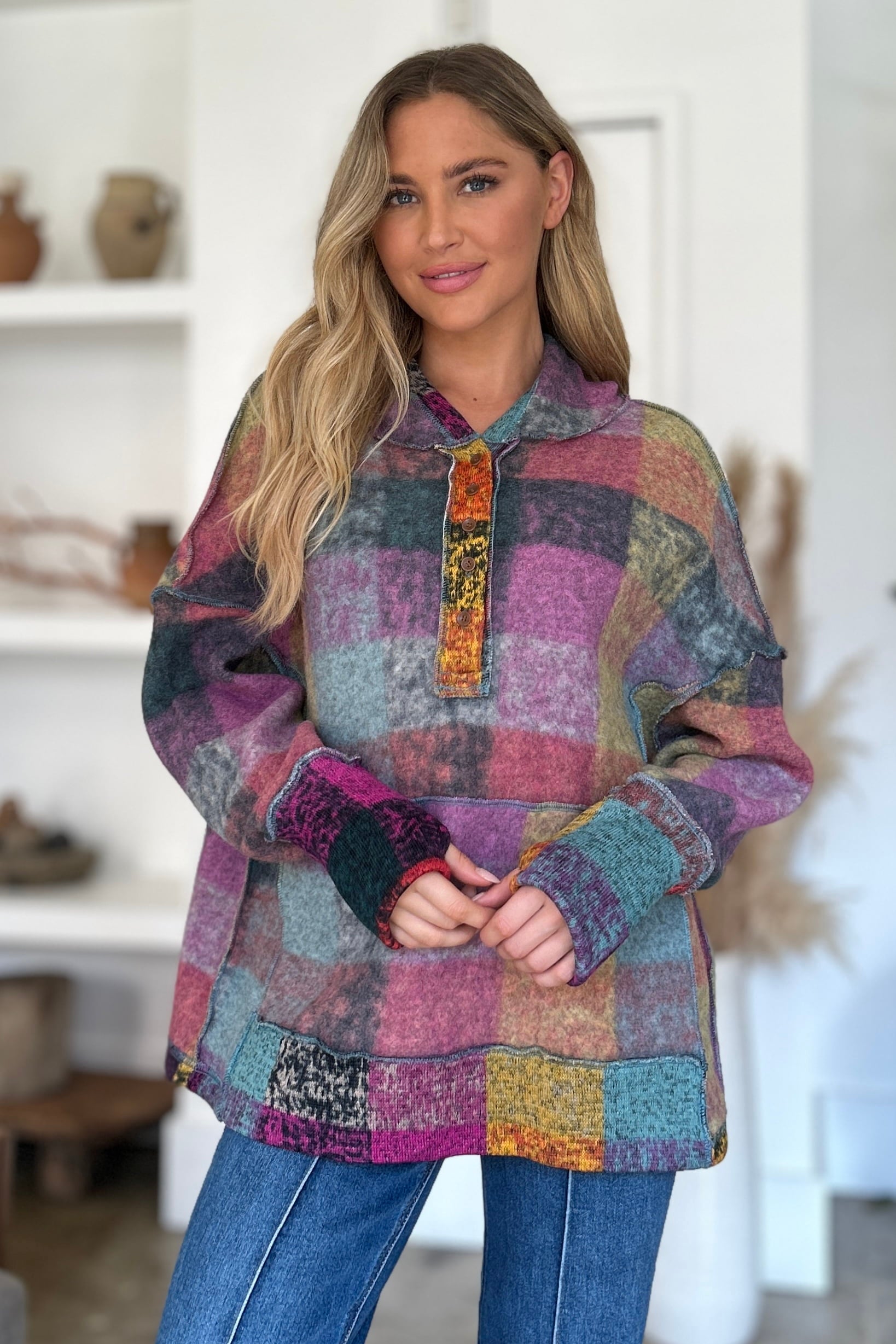 Double Take Full Size Plaid Dropped Shoulder Fleece Hoodie - Charming Charlie