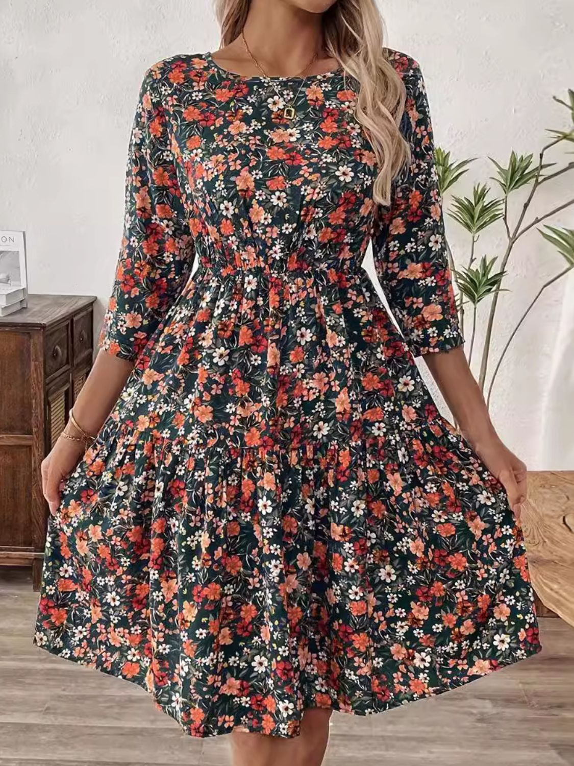 Frill Floral Round Neck Dress - Charming Charlie