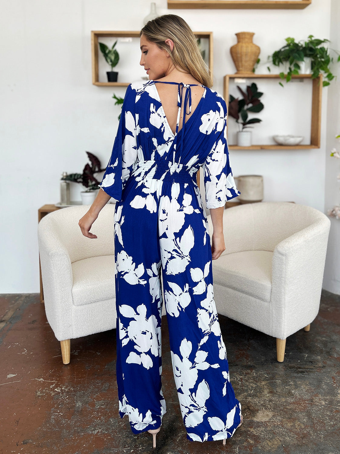 Double Take Full Size Printed Tie Back Wide Leg Jumpsuit - Charming Charlie