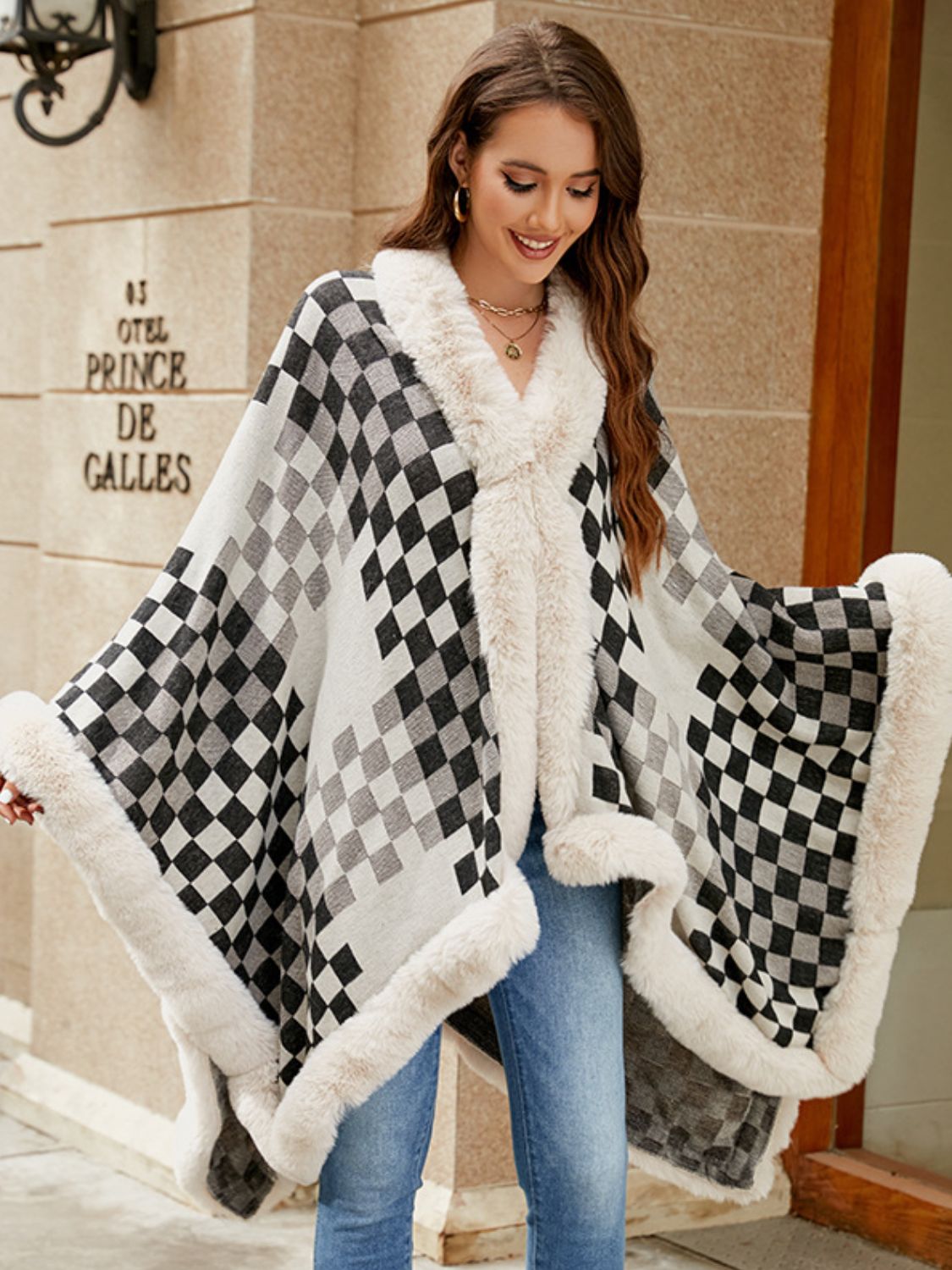 Fuzzy Checkered Long Sleeve Poncho - Charming Charlie