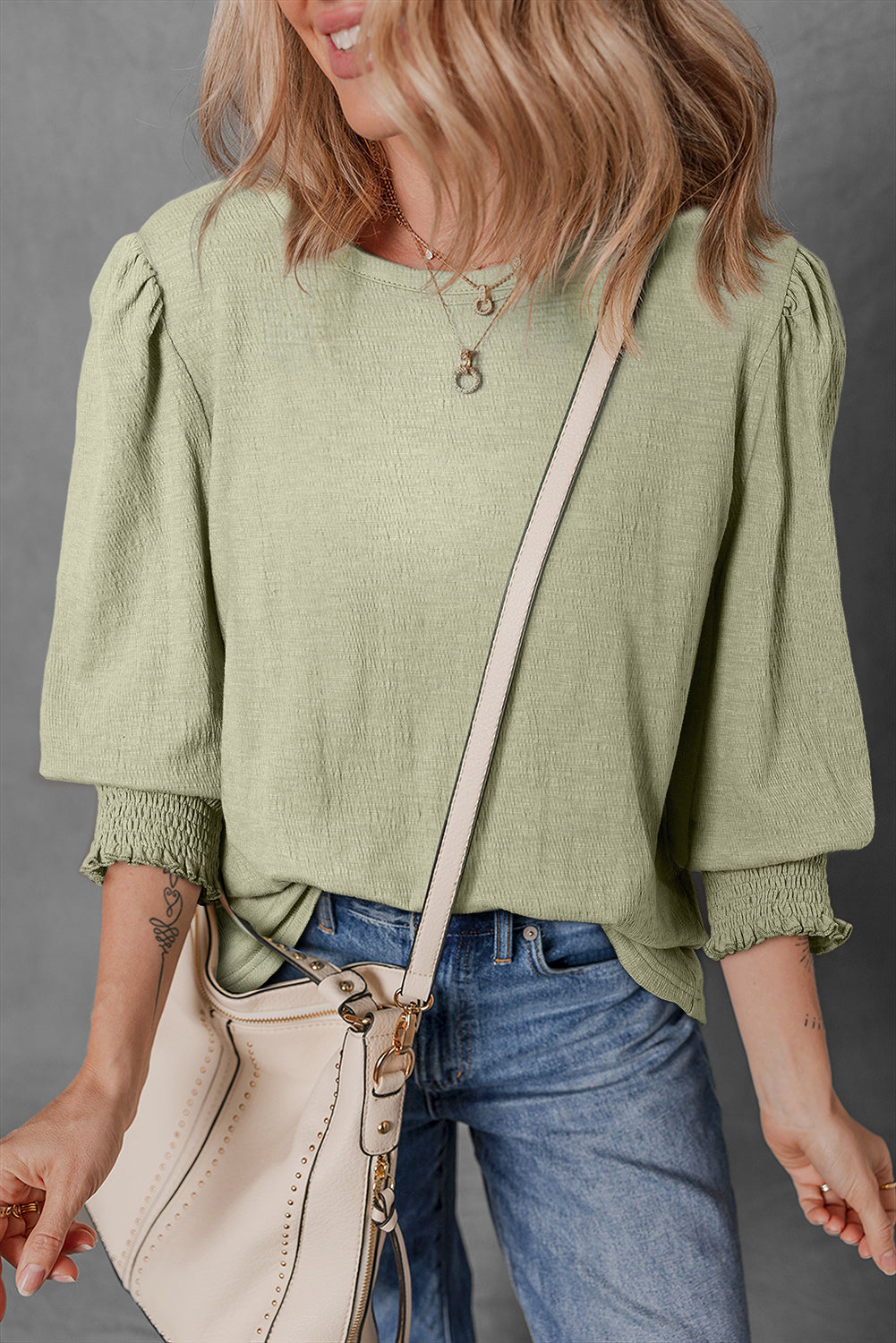 Textured Round Neck Three-Quarter Sleeve Blouse - Charming Charlie