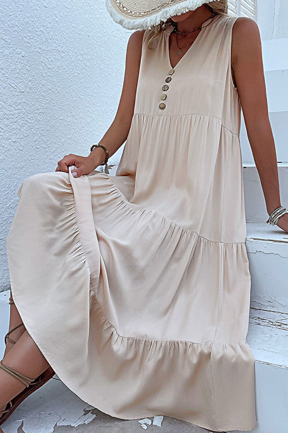 Decorative Button Sleeveless Tiered Dress - Charming Charlie