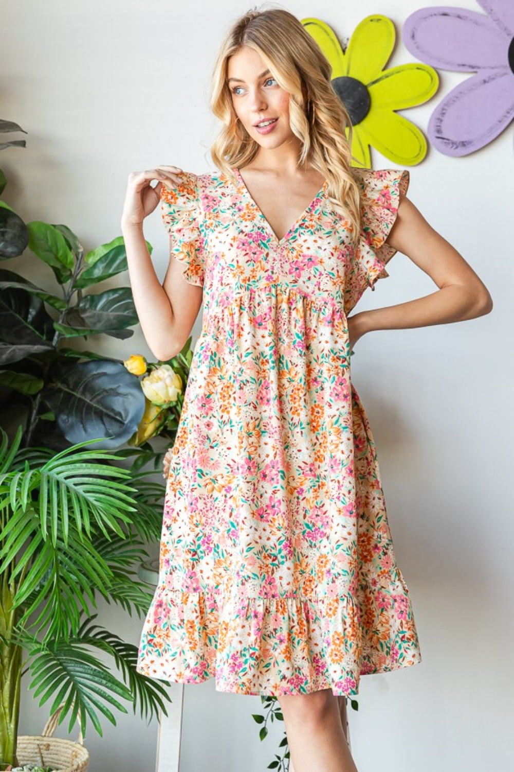 Heimish Full Size Floral Ruffled V-Neck Dress - Charming Charlie