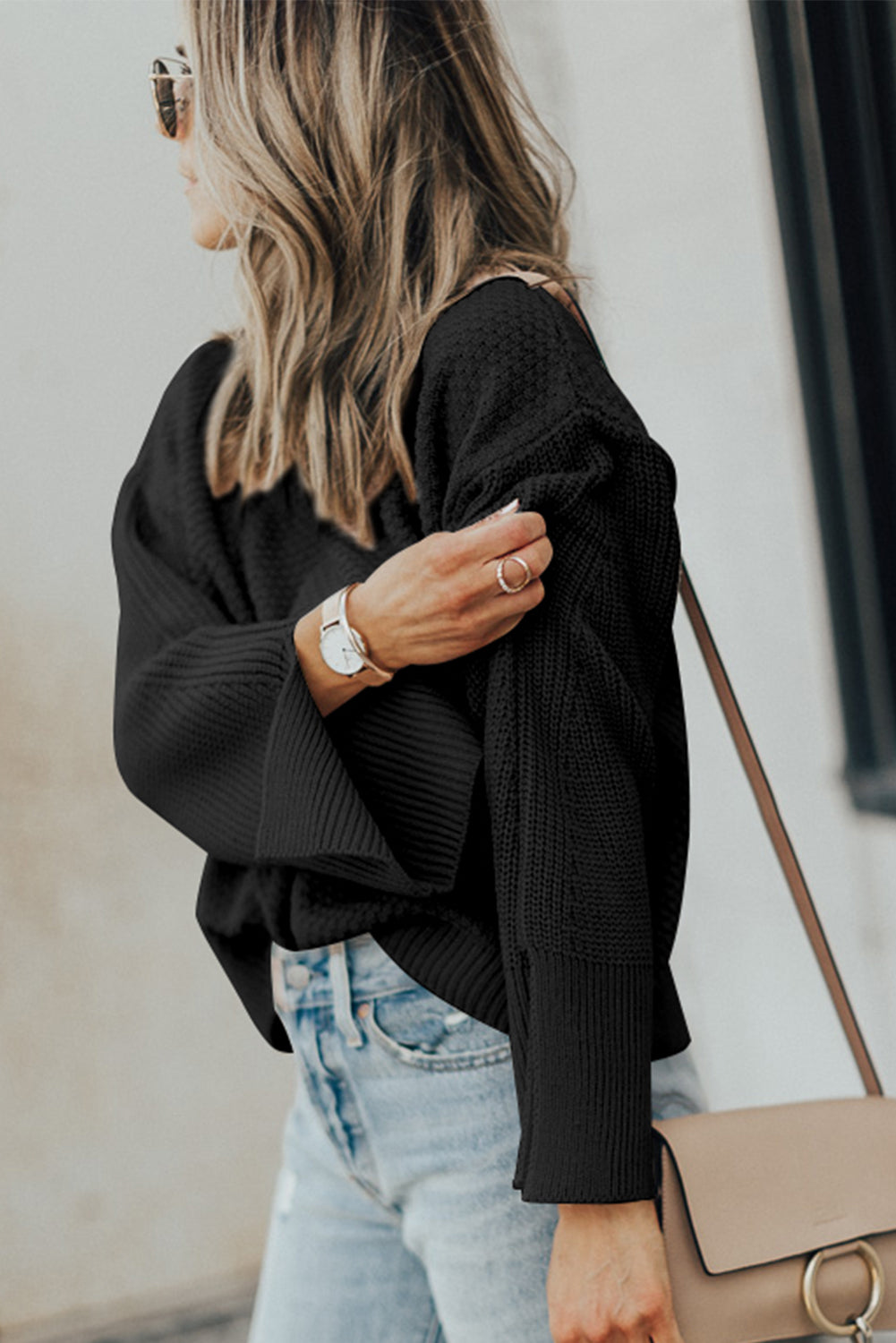 Textured Round Neck Long Sleeve Sweater - Charming Charlie