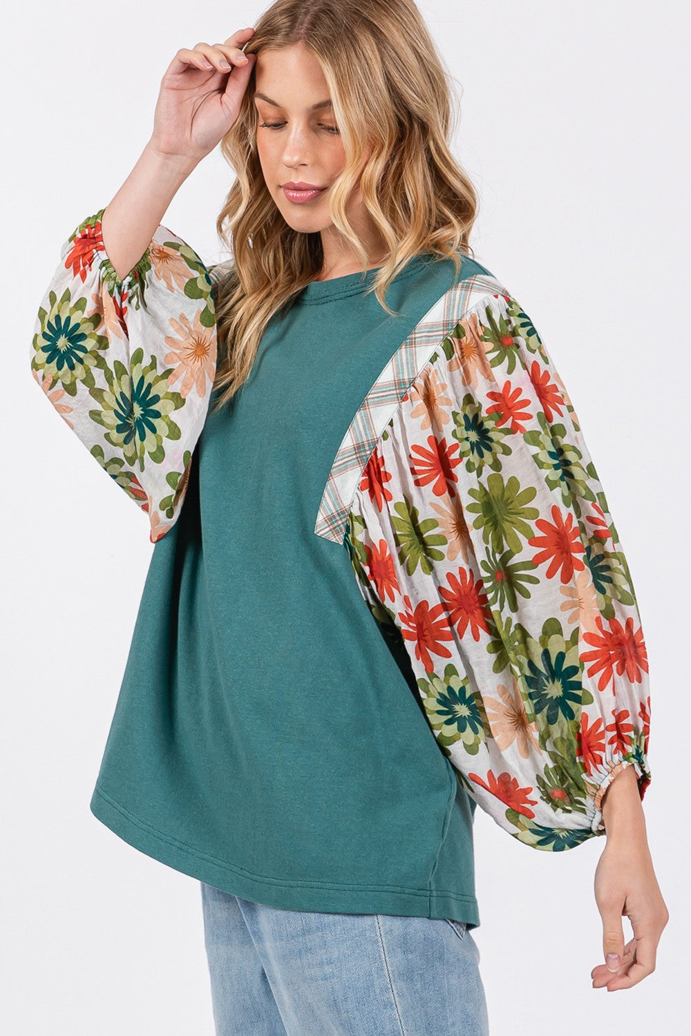 SAGE + FIG Full Size Printed Balloon Sleeve Contrast Top - Charming Charlie