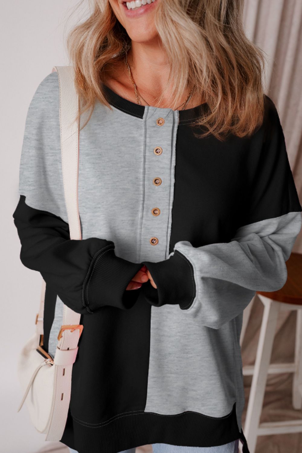 Color Block Half Button Long Sleeve Sweatshirt - Charming Charlie