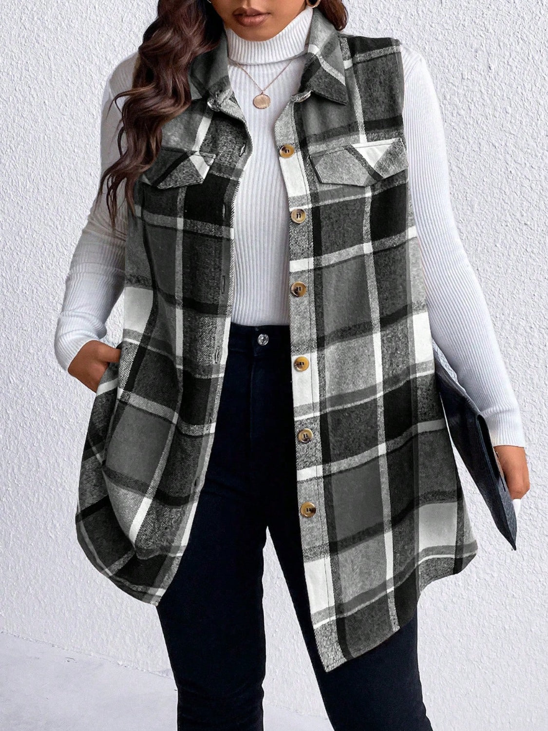 Honey Plus Size Pocketed Plaid Button Up Vest Coat - Charming Charlie