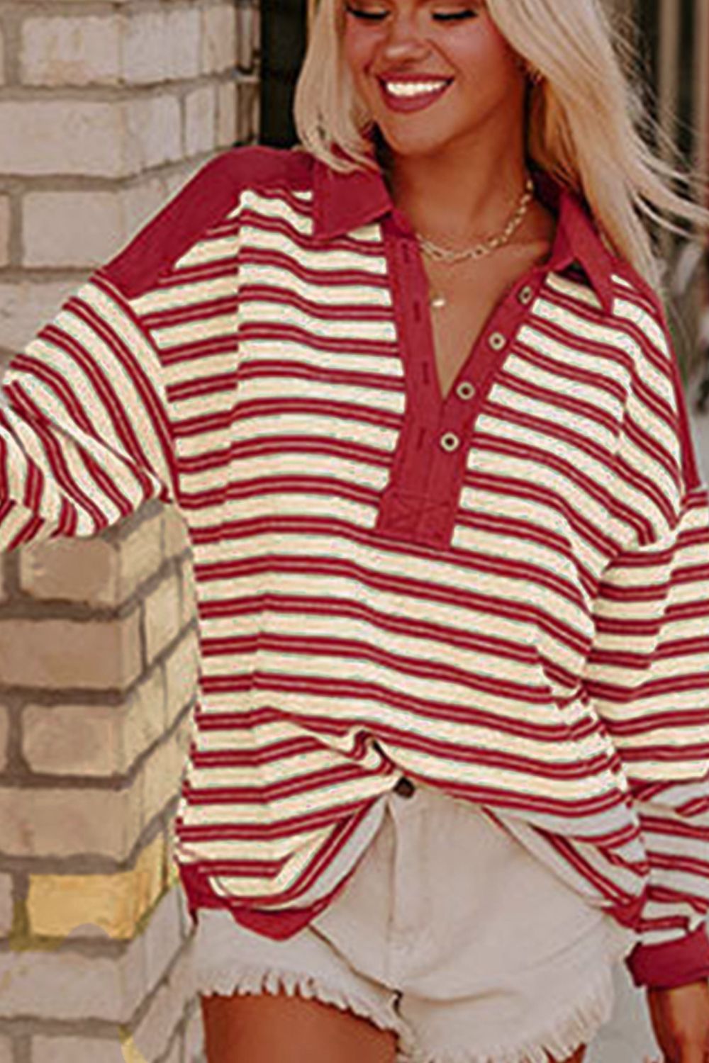 Stripe Johnny Collar Drop Shoulder Sweatshirt - Charming Charlie