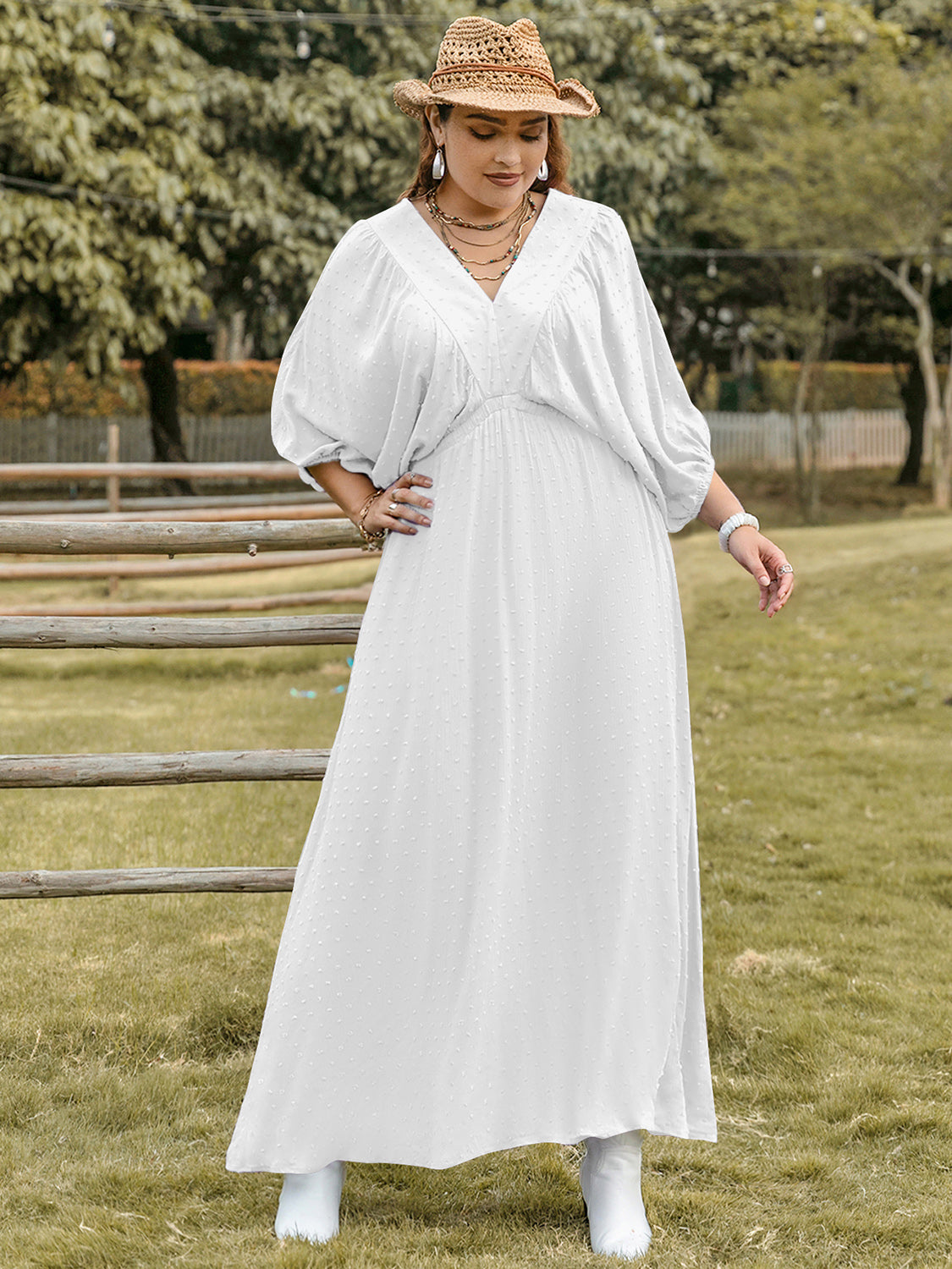 Plus Size Swiss Dot V-Neck Three-Quarter Sleeve Dress - Charming Charlie