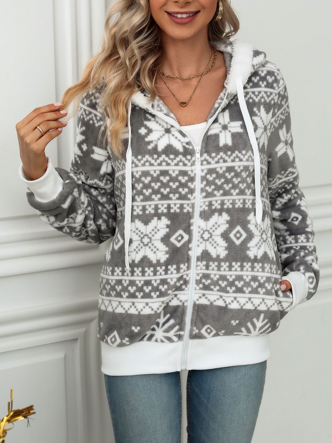 Drawstring Snowflake Zip Up Hooded Outerwear - Charming Charlie