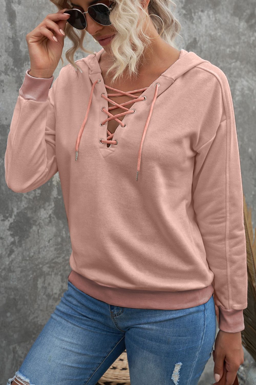 Lace Up Long Sleeve Hoodie - Charming Charlie