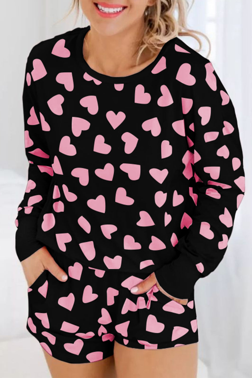 Heart Print Long Sleeve Top and Shorts Lounge Set - Charming Charlie