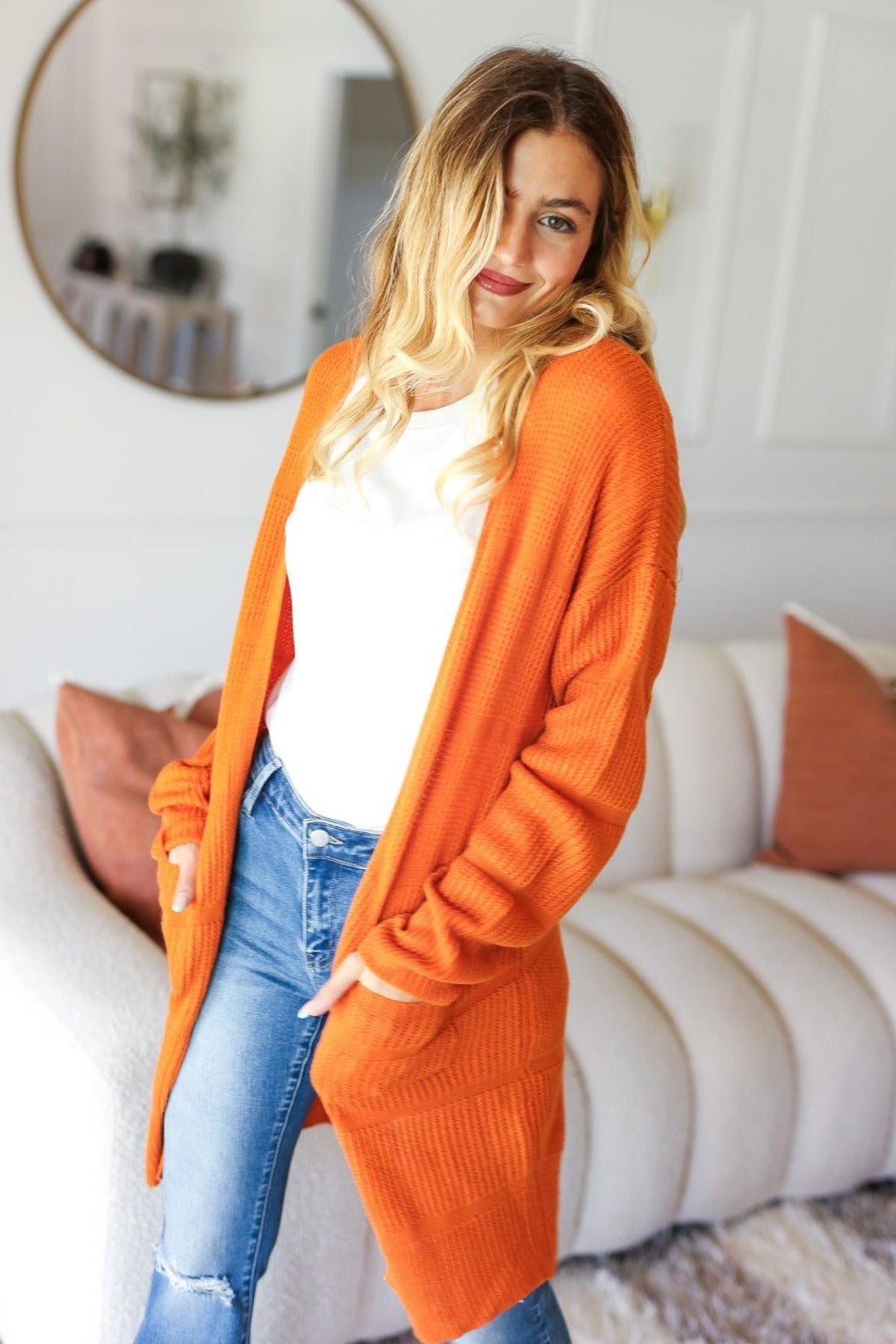 Haptics Full Size Stripe Textured Open Front Cardigan with Pockets - Charming Charlie