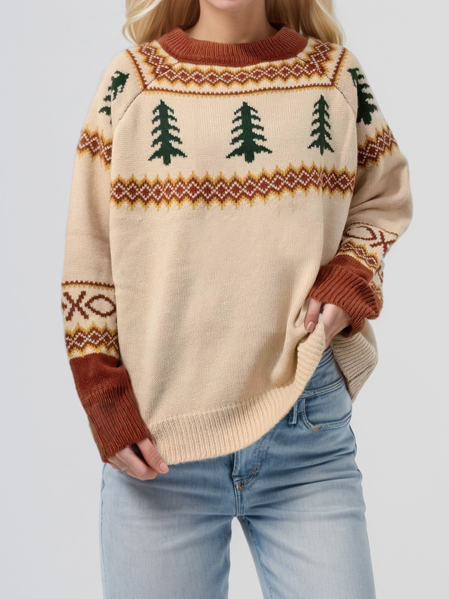 Graphic Round Neck Long Sleeve Sweater - Charming Charlie