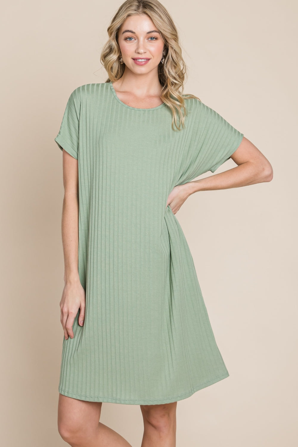 BOMBOM Ribbed Round Neck Short Sleeve Dress - Charming Charlie
