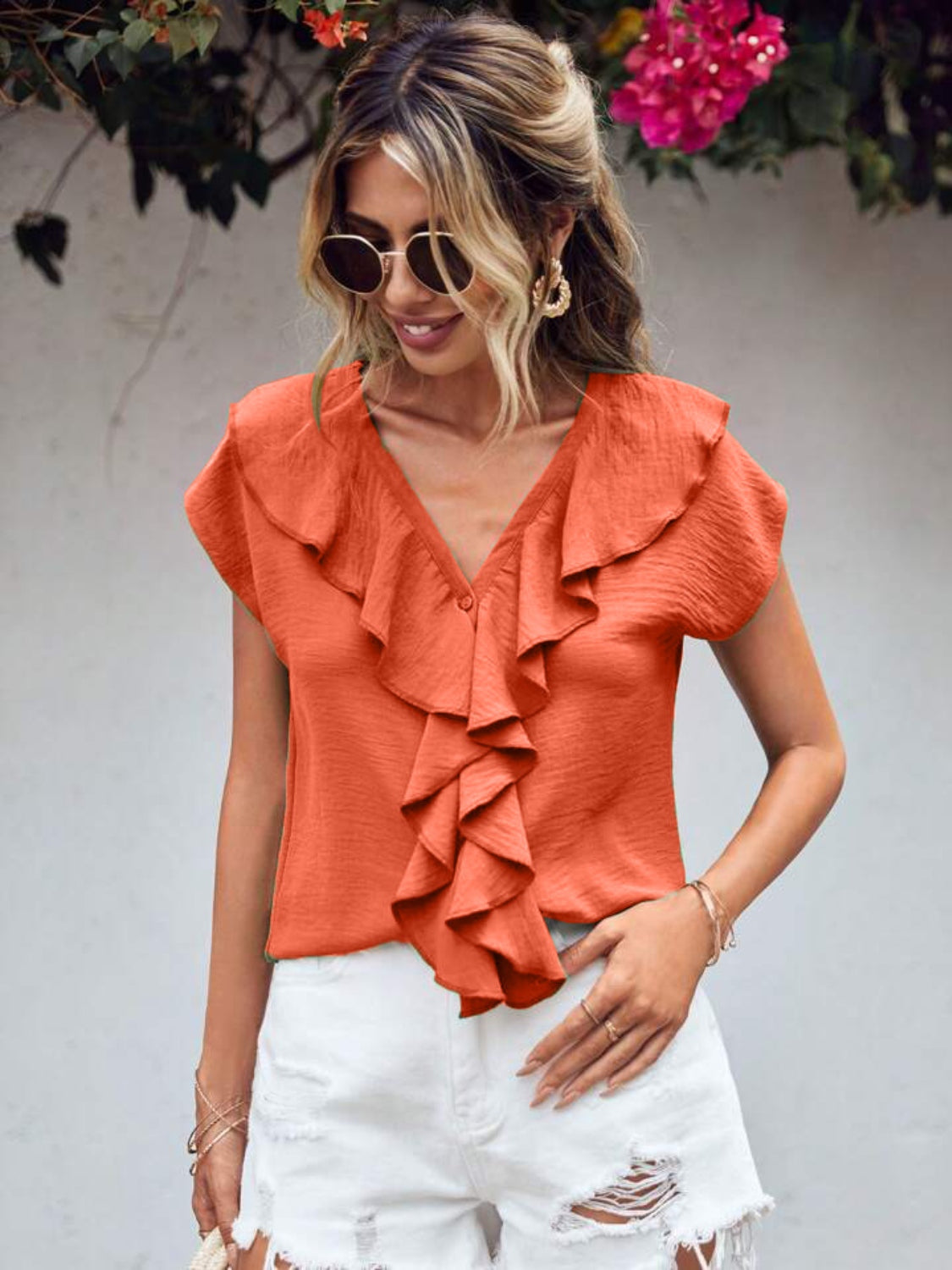 Ruffled V-Neck Short Sleeve Blouse - Charming Charlie