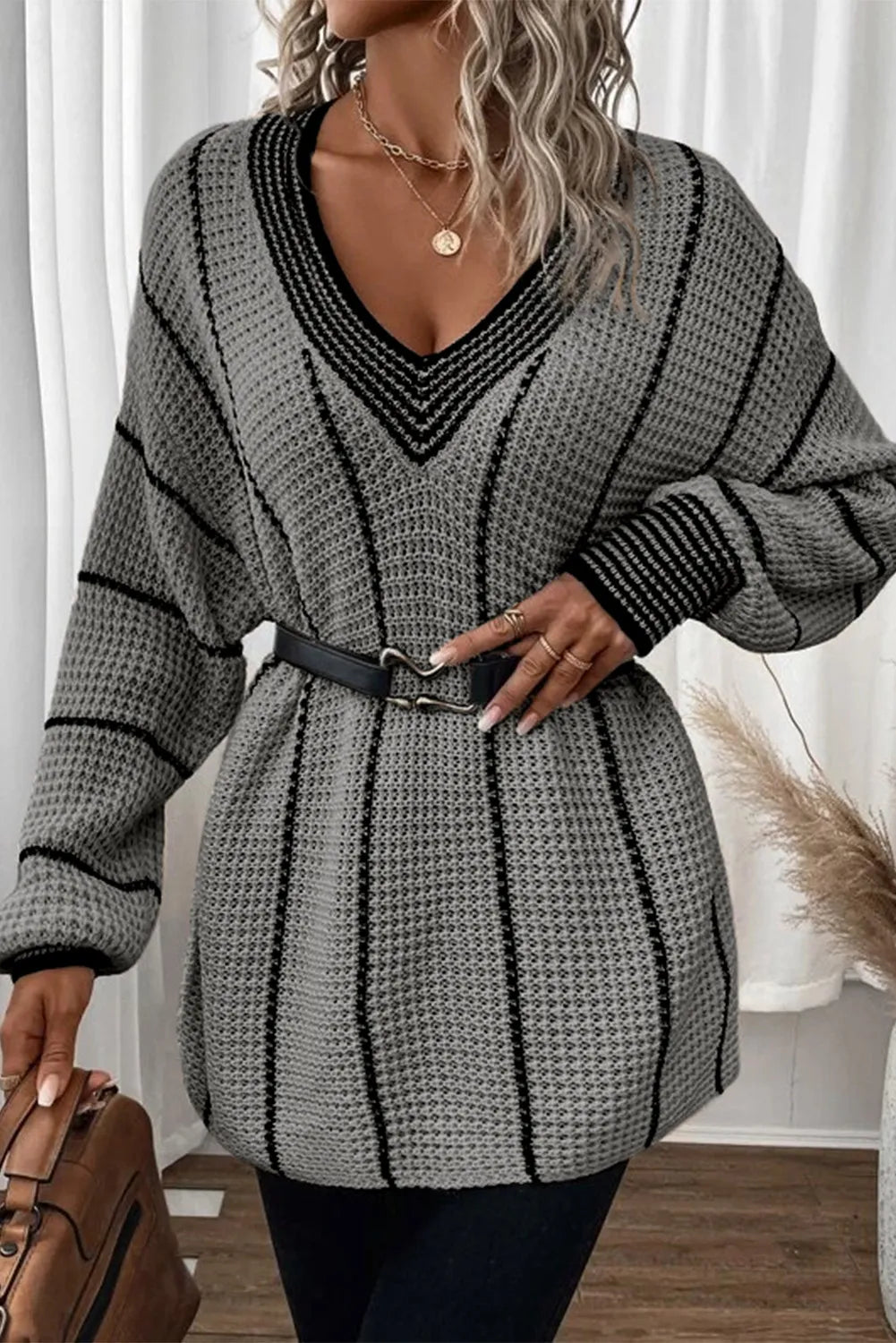 Striped V-Neck Dropped Shoulder Sweater - Charming Charlie