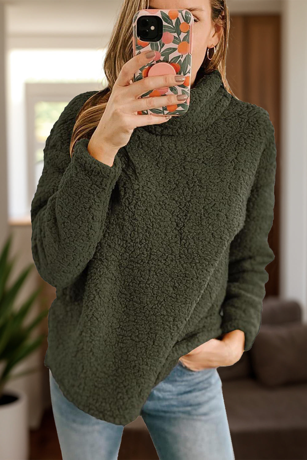 Fuzzy Turtleneck Long Sleeve Sweatshirt - Charming Charlie