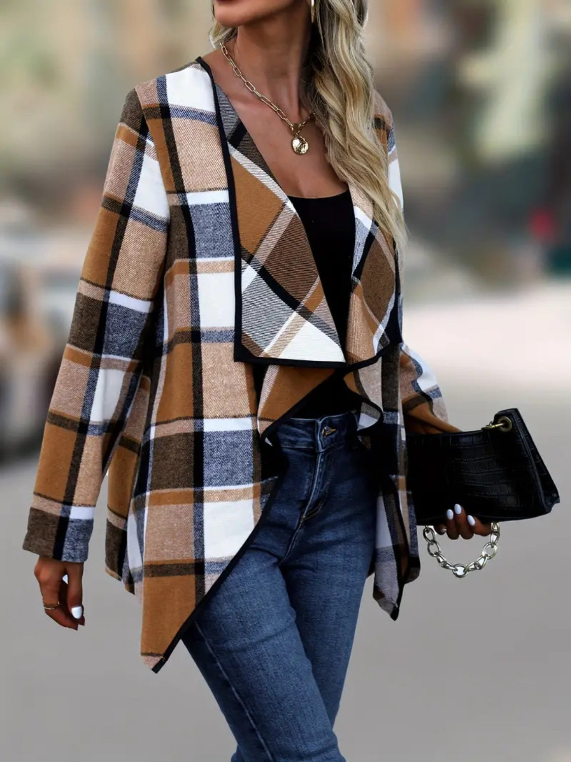 Plaid Open Front Long Sleeve Jacket - Charming Charlie