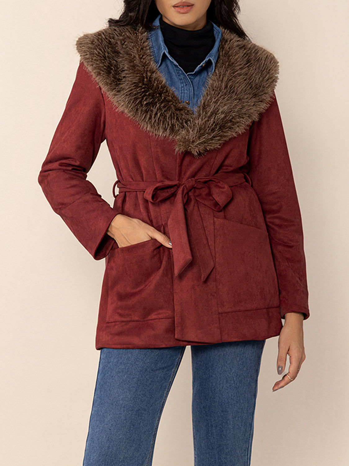Fuzzy Collared Neck Tie Waist Jacket - Charming Charlie