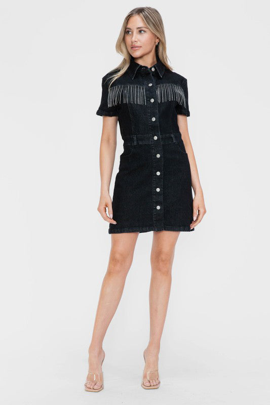 bytos Full Size Embellished Button Down Short Sleeve Denim Dress - Charming Charlie